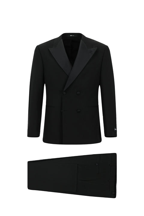Siyah 6 Drop Regular Fit Standart Kesim Sivri Yaka Kruvaze Smokin & Damatlık