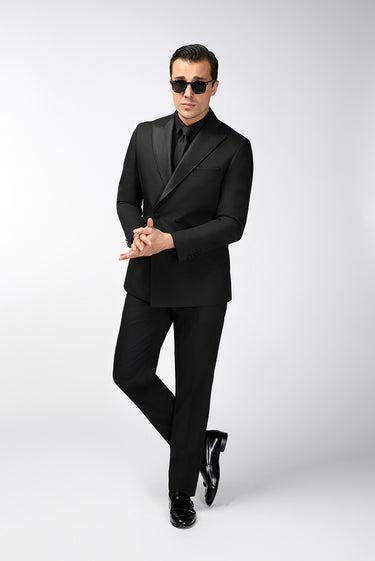  Siyah Regular Fit Sivri Yaka Kruvaze Smokin & Damatlık