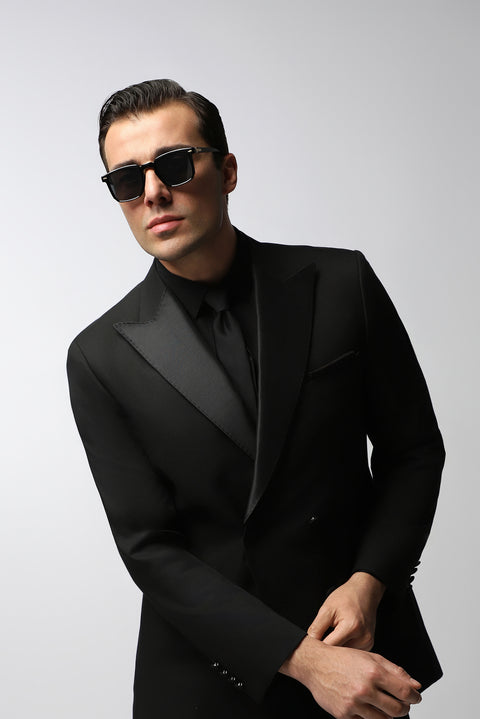 Siyah 6 Drop Regular Fit Standart Kesim Sivri Yaka Kruvaze Smokin & Damatlık