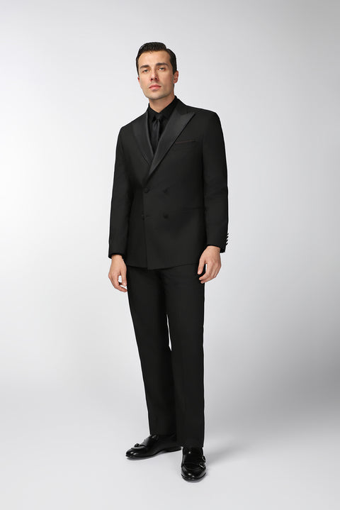 Siyah 6 Drop Regular Fit Standart Kesim Sivri Yaka Kruvaze Smokin & Damatlık