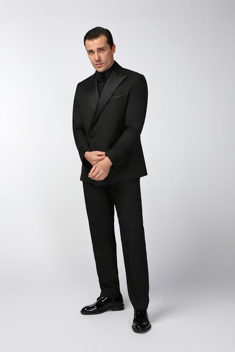 Siyah 6 Drop Regular Fit Standart Kesim Sivri Yaka Kruvaze Smokin & Damatlık