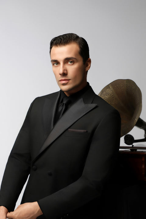 Siyah 6 Drop Regular Fit Standart Kesim Sivri Yaka Kruvaze Smokin & Damatlık