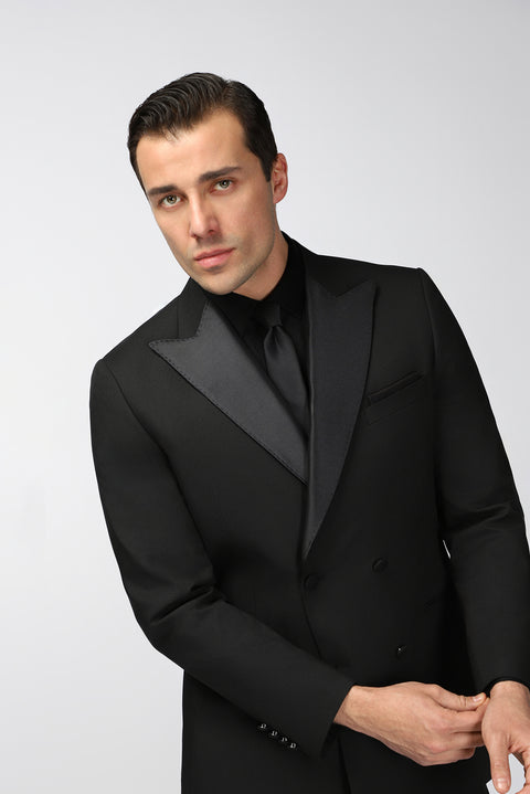 Siyah 6 Drop Regular Fit Standart Kesim Sivri Yaka Kruvaze Smokin & Damatlık