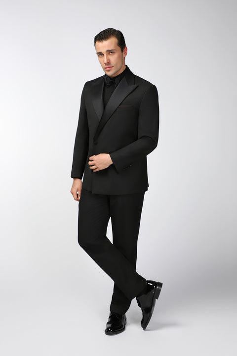 Siyah Oversize Ekstra Rahat Kalıp Sivri Yaka Kruvaze Smokin & Damatlık