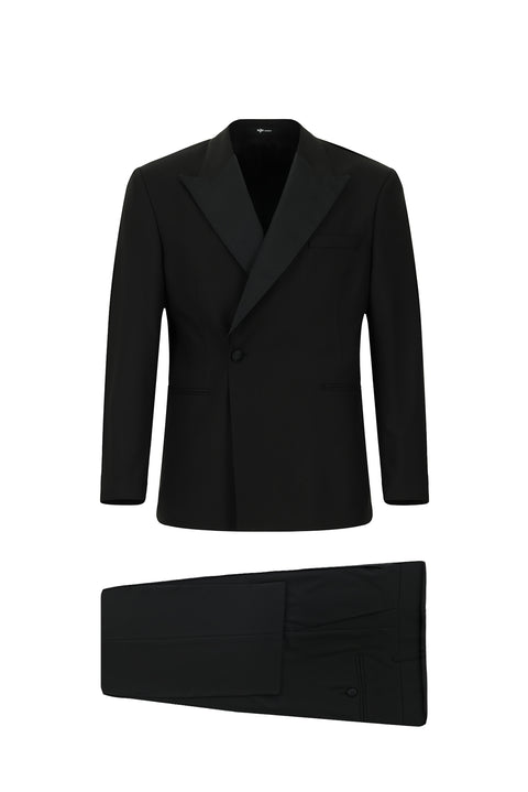 Siyah Oversize Ekstra Rahat Kalıp Sivri Yaka Kruvaze Smokin & Damatlık