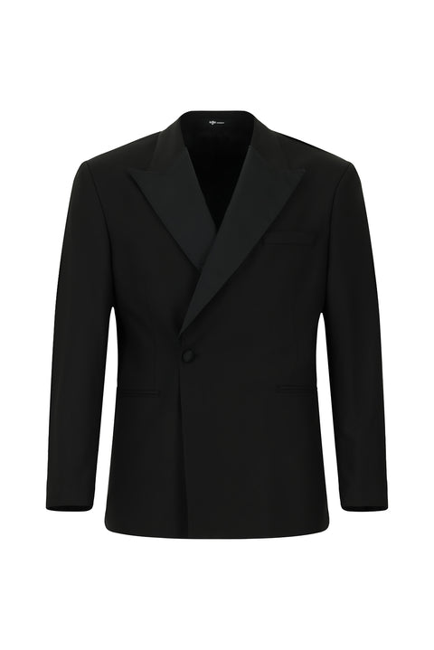 Siyah Oversize Ekstra Rahat Kalıp Sivri Yaka Kruvaze Smokin & Damatlık