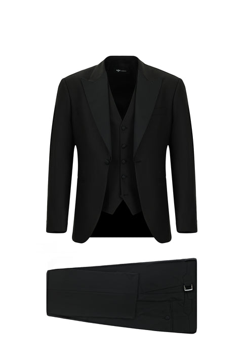 Siyah 7 Drop Slim Fit Dar Kesim Sivri Yaka Yelekli Smokin & Damatlık