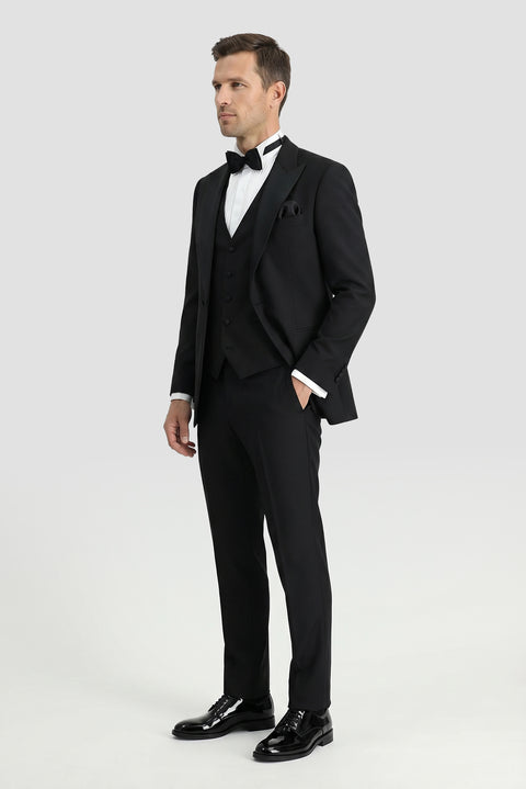 Siyah 7 Drop Slim Fit Dar Kesim Sivri Yaka Yelekli Smokin & Damatlık