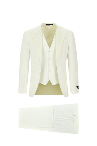  Krem 7 Drop Slim Fit Dar Kesim Sivri Yaka Yelekli Smokin & Damatl?k-Ki??l?