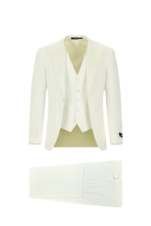 Krem 7 Drop Slim Fit Dar Kesim Sivri Yaka Yelekli Smokin & Damatlık