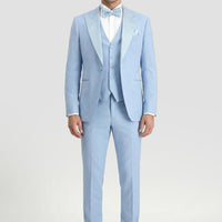 Açık Mavi 7 Drop Slim Fit Dar Kesim Sivri Yaka Yelekli Smokin & Damatlık