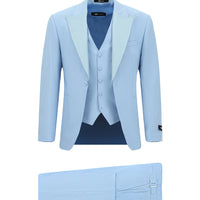 Açık Mavi 7 Drop Slim Fit Dar Kesim Sivri Yaka Yelekli Smokin & Damatlık