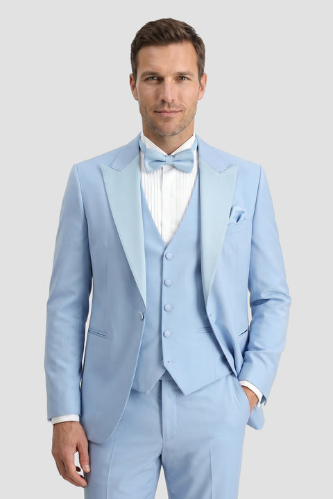 Açık Mavi 7 Drop Slim Fit Dar Kesim Sivri Yaka Yelekli Smokin & Damatlık