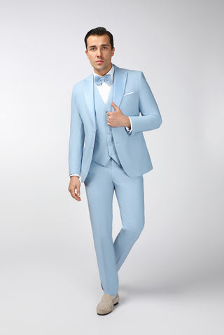  Aç?k Mavi 7 Drop Slim Fit Dar Kesim Sivri Yaka Yelekli Smokin & Damatl?k-Ki??l?