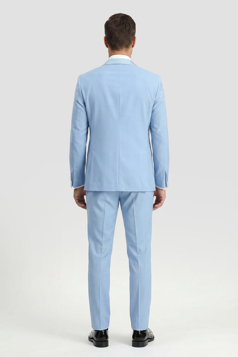 Açık Mavi 7 Drop Slim Fit Dar Kesim Sivri Yaka Yelekli Smokin & Damatlık