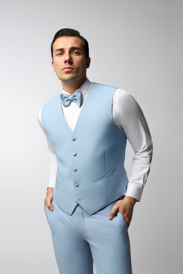  Açık Mavi Slim Fit Dar Kesim Sivri Yaka Yelekli Smokin & Damatlık