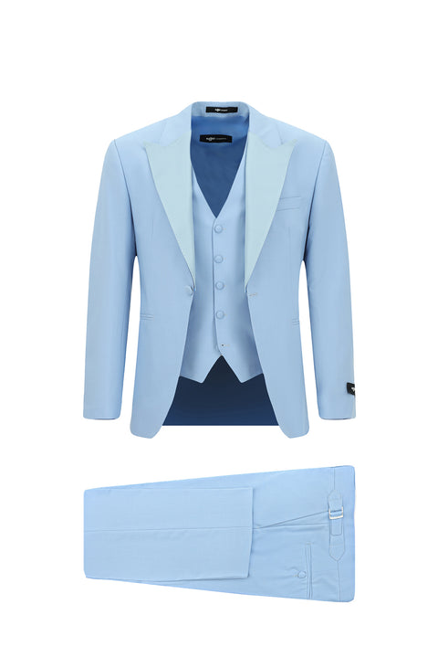 Açık Mavi 7 Drop Slim Fit Dar Kesim Sivri Yaka Yelekli Smokin & Damatlık
