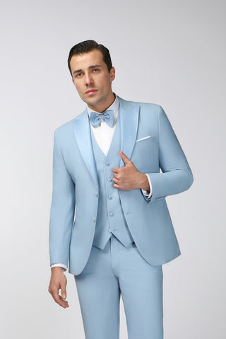  Aç?k Mavi 7 Drop Slim Fit Dar Kesim Sivri Yaka Yelekli Smokin & Damatl?k-Ki??l?