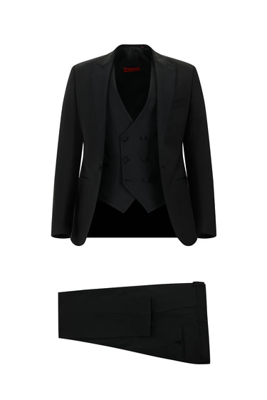 Siyah Slim Fit Dar Kesim Sivri Yaka Yelekli Yünlü Smokin & Damatlık
