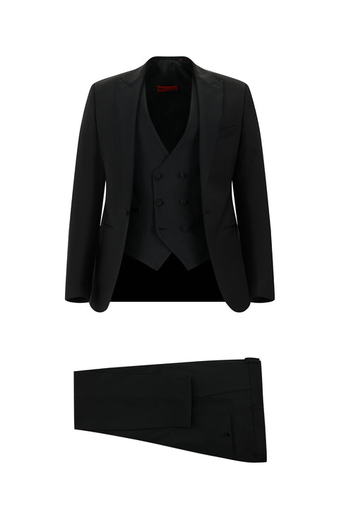 Siyah 7 Drop Slim Fit Dar Kesim Sivri Yaka Yelekli Yünlü Smokin & Damatlık