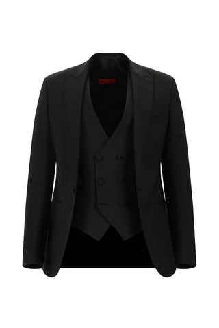  Siyah 7 Drop Slim Fit Dar Kesim Sivri Yaka Yelekli Yünlü Smokin & Damatlık