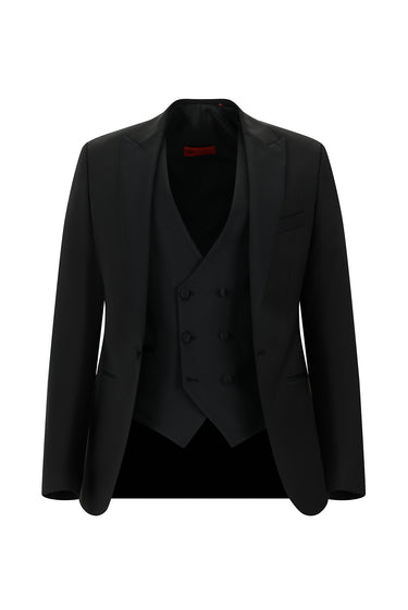 Siyah Slim Fit Dar Kesim Sivri Yaka Yelekli Yünlü Smokin & Damatlık