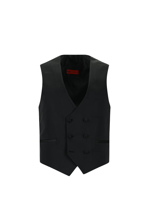 Siyah 7 Drop Slim Fit Dar Kesim Sivri Yaka Yelekli Yünlü Smokin & Damatlık