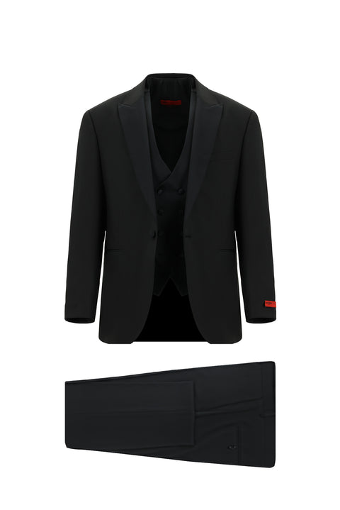 Siyah 6 Drop Regular Fit Standart Kesim Yünlü Sivri Yaka Yelekli Smokin & Damatlık