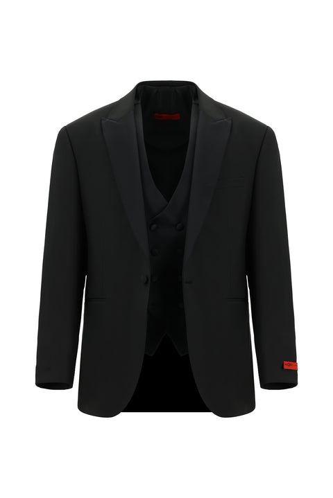 Siyah 6 Drop Regular Fit Standart Kesim Yünlü Sivri Yaka Yelekli Smokin & Damatlık