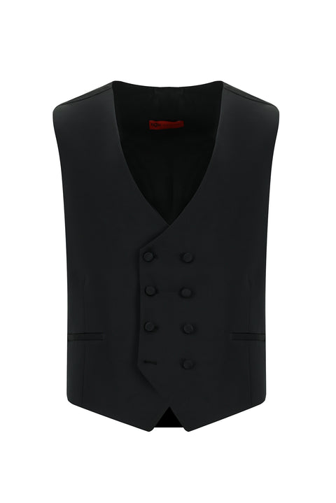 Siyah 6 Drop Regular Fit Standart Kesim Yünlü Sivri Yaka Yelekli Smokin & Damatlık