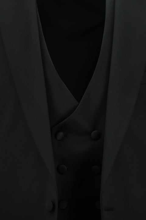 Siyah 6 Drop Regular Fit Standart Kesim Yünlü Sivri Yaka Yelekli Smokin & Damatlık