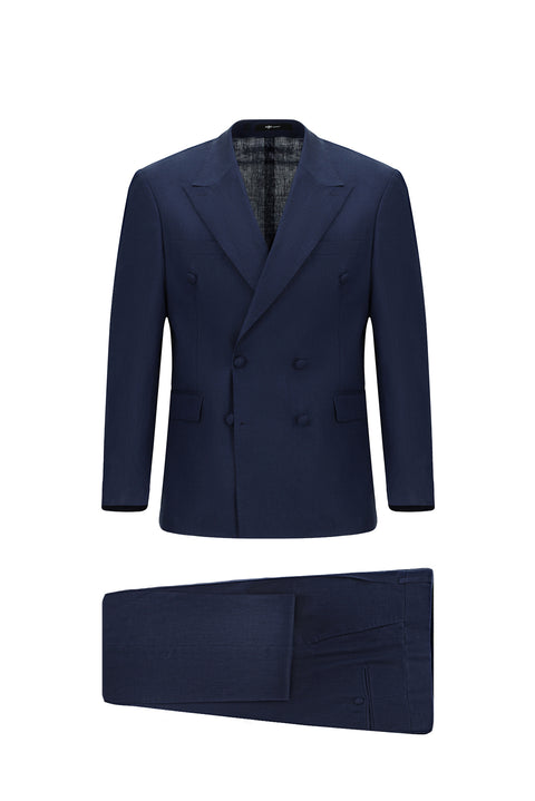 Dark Navy 8 Drop Muscle Fit Long Athletic Cut Pointed Collar Double-Breasted Straight Linen Blend Tuxedo & Groom Suit