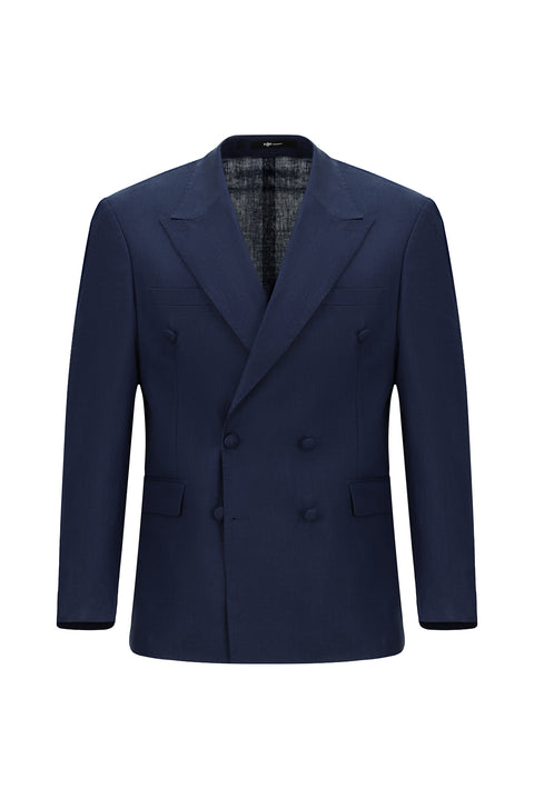 Koyu Lacivert Oversize Ekstra Rahat Kalıp Sivri Yaka Kruvaze Keten Smokin & Damatlık