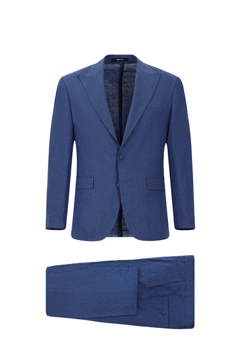 Orta Lacivert 6 Drop Regular Fit Standart Kesim Sivri Yaka Keten Smokin & Damatlık