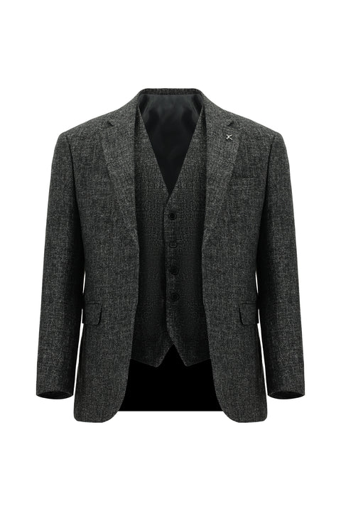 Orta Antrasit 7 Drop Slim Fit Dar Kesim Yünlü Kombinli Yelekli Takım Elbise