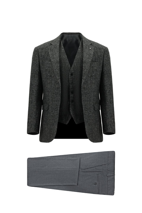 Orta Antrasit 7 Drop Slim Fit Dar Kesim Yünlü Kombinli Yelekli Takım Elbise