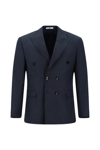  Koyu Lacivert Slim Fit Dar Kesim Desenli Kruvaze Takım Elbise