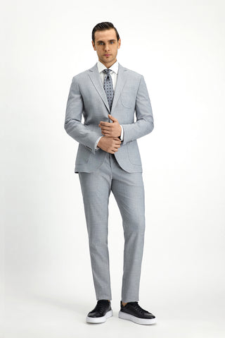  Açık Gri Super Slim Fit Ekstra Dar Kesim Desenli Beli Lastikli İpli Takım Elbise