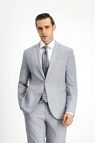 Açık Gri Super Slim Fit Ekstra Dar Kesim Desenli Beli Lastikli İpli Takım Elbise