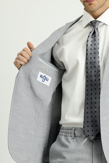 Açık Gri Super Slim Fit Ekstra Dar Kesim Desenli Beli Lastikli İpli Takım Elbise