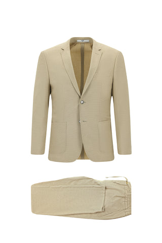  Açık Bej Super Slim Fit Ekstra Dar Kesim Desenli Beli Lastikli İpli Spor Takım Elbise