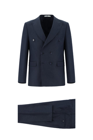  Koyu Lacivert Slim Fit Dar Kesim Desenli Kruvaze Takım Elbise