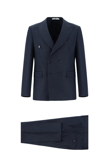 Koyu Lacivert Super Slim Fit Ekstra Dar Kesim Desenli Kruvaze Takım Elbise
