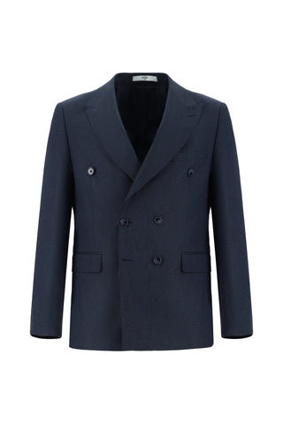  Koyu Lacivert Slim Fit Dar Kesim Desenli Kruvaze Takım Elbise