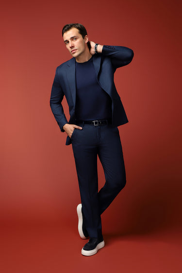 Koyu Lacivert Slim Fit Dar Kesim Klasik Desenli Takım Elbise