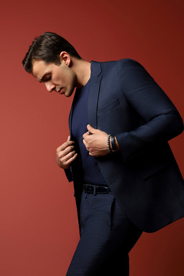Koyu Lacivert Slim Fit Dar Kesim Klasik Desenli Takım Elbise