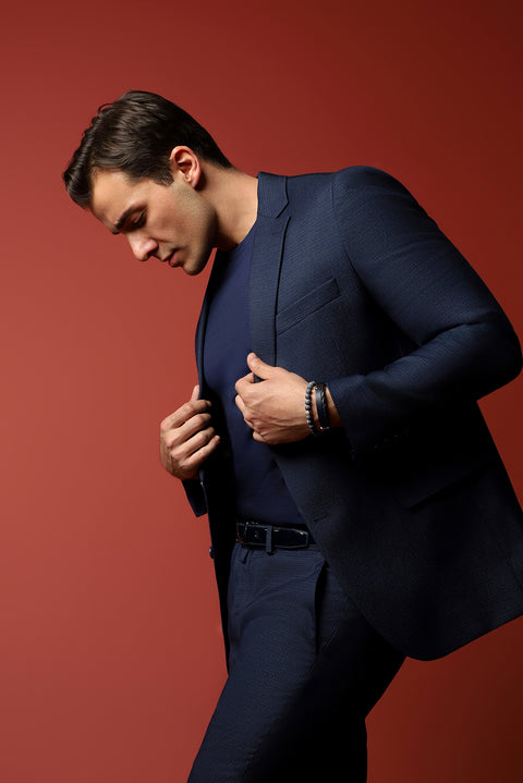 Koyu Lacivert 7 Drop Slim Fit Dar Kesim Desenli Takım Elbise