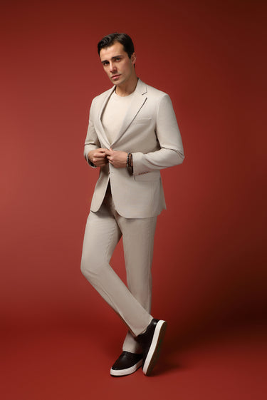 Açık Bej Slim Fit Dar Kesim Klasik Desenli Takım Elbise