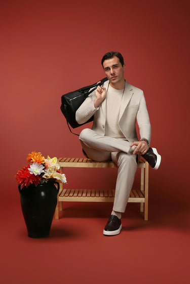 Açık Bej Slim Fit Dar Kesim Klasik Desenli Takım Elbise
