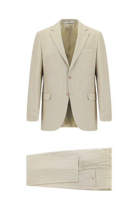 Açık Bej 7 Drop Slim Fit Dar Kesim Desenli Takım Elbise